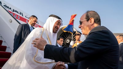 Sheikh Mohamed bin Zayed, Crown Prince of Abu Dhabi Deputy Supreme Commander of the UAE Armed Forces, is received by HE Abdel Fattah El Sisi, President of Egypt, upon arrival at Cairo international Airport. Ministry of Presidential Affairs ---