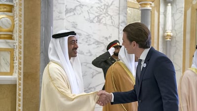 Sebastian Kurz, Chancellor of Austria, greets Sheikh Abdullah bin Zayed, UAE Minister of Foreign Affairs and International Cooperation, during a reception held at the Presidential Palace in April 2018. Mohamed Al Hammadi / Crown Prince Court - Abu Dhabi