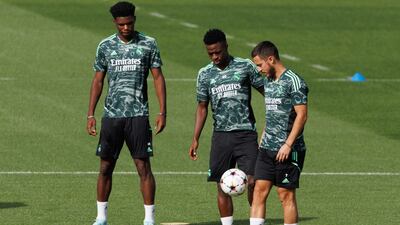 Left to right: Real Madrid's Aurelien Tchouameni, Vinicius Junior and Eden Hazard. EPA