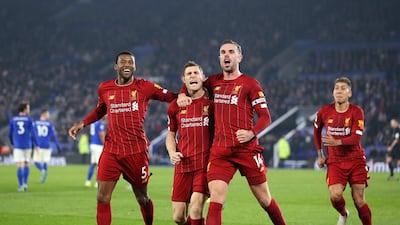 James Milner celebrates after scoring for Liverpool against Leicester City at The King Power Stadium.. Getty Images