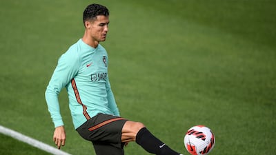 Portugal's Cristiano Ronaldo controls the ball at training. AFP
