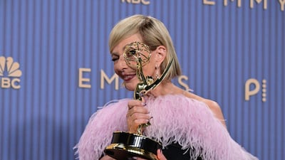 Allison Janney has her eyes on the prize as winner of Outstanding Supporting Actress in a Drama Series for The Diplomat at the Emmy Awards, held at the Peacock Theatre, Los Angeles. AFP