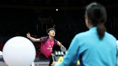 Lin Yun-Ju of Chinese Taipei competes against Dimitrij Ovtcharov of Germany in the Men's Singles - Round of 16 during day two of 2020 ITTF Finals at Zhengzhou Olympic Sports Center in Zhengzhou, China. Getty Images