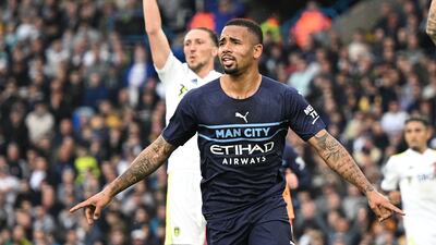 Gabriel Jesus celebrates after scoring for Manchester City against Leeds United. AFP