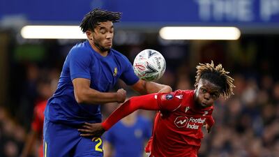 Chelsea's Reece James in action with Nottingham Forest's Alex Mighten. Reuters