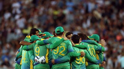 Pakistan have a team huddle during the first T20 victory over New Zealand on Friday. Michael Bradley / AFP / January 15, 2016