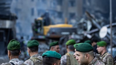 Lebanese army soldiers at the site of an Israeli attack on a residential building in Beirut. Getty Images