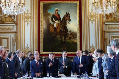 French President Emmanuel Macron, Jordan's King Abdullah II and Lebanese President Joseph Aoun in Paris. EPA