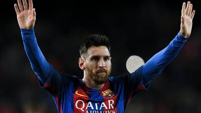 Lionel Messi of Barcelona celebrates after scoring his team's fourth goal on Sunday. David Ramos / Getty Images / December 18, 2016