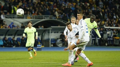 Football Soccer - Dynamo Kiev v Manchester City - UEFA Champions League Round of 16 First Leg - NSC Olimpiyskiy Stadium, Kiev, Ukraine - 24/2/16Yaya Toure scores the third goal for Manchester CityAction Images via Reuters / John SibleyLivepicEDITORIAL USE ONLY.