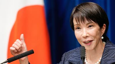 New Japanese Prime Minister Sanae Takaichi speaks during a press conference at her office in Tokyo. AP