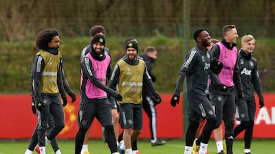 Tahith Chong, Bruno Fernandes, Juan Mata and Tim Fosu-Mensah at the Aon Training Complex. Getty Images