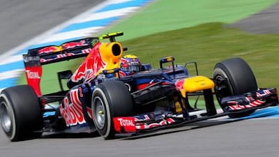 Red Bull's Mark Webber steers his car round the Hockenheimring.