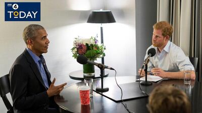 Barack Obama mentioned climate change, healthcare and social media but not Donald Trump in an interview with Britain's Prince Harry (BBC Radio 4 Today/PA via AP)