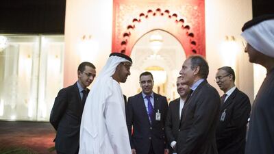 The Abu Dhabi Crown Prince bids farewell to Moroccan tourism office staff after visiting the exhibition. Ryan Carter / Crown Prince Court — Abu Dhabi