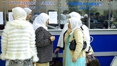 Muslim women from Russia's Chechnya republic wait to board a flight to Saudi Arabia for the hajj. AFP