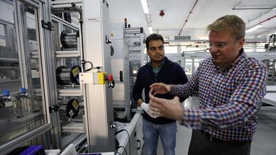 Sascha Gaede, the director of sales at Solon, explains the intricacies of the company’s solar panels, which at present are sent mainly to Europe. Pawan Singh / The National