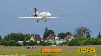 Business jet Embraer Legacy 500 lands at Geneva Airport. The Brazilian plane maker looks well set to report strong fourth-quarter results. Alain Groscluade / AFP