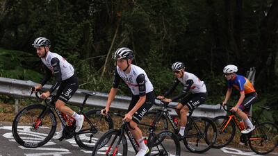 Tadej Pogacar rides with his UAE Team Emirates teammates during a training session, on June 29, 2023, two days prior to the start of the 110th edition of the Tour de France in Bilbao, in northern Spain. AFP