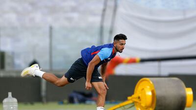 Fast bowler Umran Malik bowls during training in New Delhi. AFP