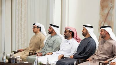 From left to right, Sheikh Mansour bin Zayed, UAE Vice President and Deputy Prime Minister; Lt General Sheikh Saif bin Zayed, UAE Deputy Prime Minister and Minister of Interior; Sheikh Tahnoon bin Zayed, Deputy Ruler of Abu Dhabi and UAE National Security Adviser; Sheikh Theyab bin Mohamed bin Zayed, chairman of the Office of Development and Martyrs Families Affairs at the Presidential Court; and Sheikh Mohamed bin Hamad bin Tahnoon, adviser to the UAE President