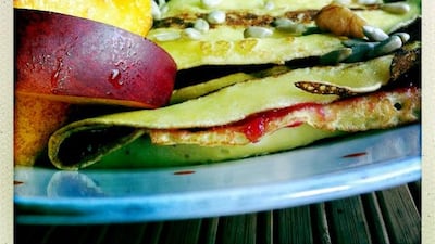 Peach and walnut pancakes, with homemade apple jam with peaches and walnuts. Silvia Razgova / The National