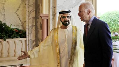 Sheikh Mohammed bin Rashid, Vice President and Ruler of Dubai, on Tuesday welcomed US vice president Joe Biden to his palace. The two spoke of the friendship between their countries and matters of mutual regional concern. Kamran Jebreili / AP Photo