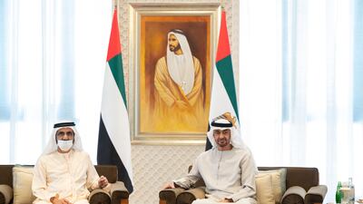 President Sheikh Mohamed and Sheikh Mohammed bin Rashid, Vice President and Ruler of Dubai, at Qasr Al Watan.