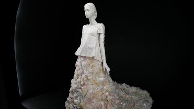 A design by Lagerfeld is displayed at the Metropolitan Museum of Art's Costume Institute exhibition