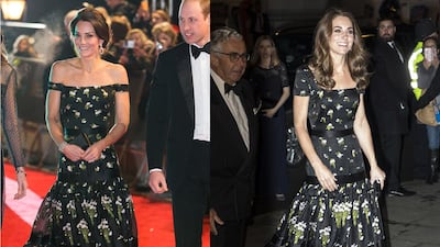 Another recycled Alexander McQueen dress from the Duchess. This floral dress was first worn off the shoulder for the 2017 Baftas, but was given another outing (and a slight sleeve alteration) for the 2019 National Portrait Gala. AFP/ REUTERS