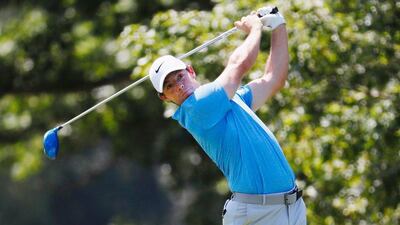 Rory McIlroy of Northern Ireland hits a tee shot at The Barclays final round on Sunday. Kevin C Cox / Getty Images / AFP / August 28, 2016