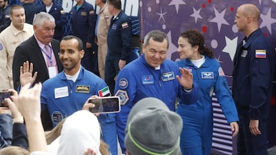 Hazza Al Mansouri with cosmonaut Oleg Skripochka and Nasa astronaut Jessica Meir, who is part of the landmark first all-female spacewalk.