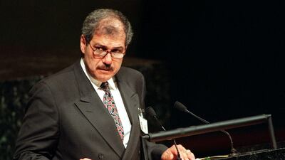 Fayez Tarawneh addresses the UN General Assembly as Jordan's foreign minister in 1997. AFP