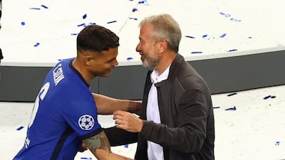 Chelsea defender Thiago Silva celebrates with owner Roman Abramovich after winning the Champions League. Reuters