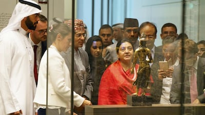 Bidhya Devi Bhandari, President of Nepal, visited the museum in November 2017, shortly after its opening. Saif Ghobash, Undersecretary of the Department of Culture and Tourism - Abu Dhabi and museum director Manuel Rabate was there during her visit. Courtesy Louvre Abu Dhabi