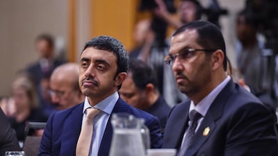 Sheikh Abdullah bin Zayed, Minister of Foreign Affairs and International Cooperation, and Dr Sultan Al Jaber, Minister of State, take part in a high-level international meeting on Tuesday to discuss the future of Syria. Wam