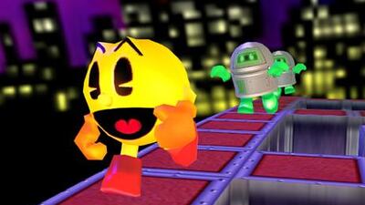 A screenshot from Hasbro's 3D version of Pac-Man, a computer game originally played with simple 'sprites' - animated graphical objects - inhabiting a two-dimensional maze.