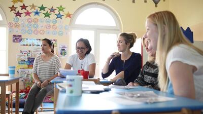Star International School teachers prepare for the new school year in a curriculum meeting. The school will devote extra energy to maths, science, English and Arabic. Photos Lee Hoagland / The National