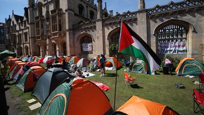 Students at King's College Cambridge University camp out in solidarity with Palestinians, in Cambridge, Britain, on May 9. EPA