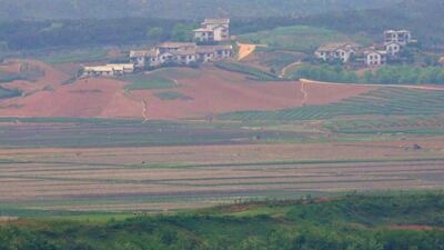 North Korea's Kaepoong county is seen from a South Korean observation post on May 17, 2019. The North says it is experiencing its worst drought in a century. AFP