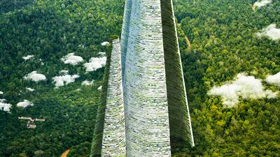 A rendering of the 750-metre high vertical city forest that has been designed as solution to the challenges created by continued urban sprawl.