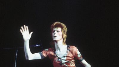 David Bowie on stage wearing a design by Kansai Yamamoto. Courtesy Kansai Yamamoto