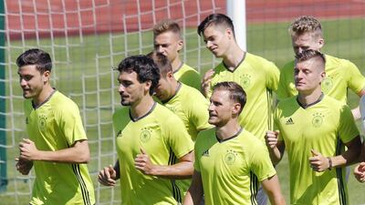Players run during the last training session of the German national football team at their base camp in Evian-Les-Bains, France, Wednesday, July 6, 2016. Germany will face France in a Euro 2016 semi-final match in Marseille on Thursday, July 7, 2016 Michael Probst / AP Photo