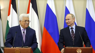 Palestinian president Mahmoud Abbas and Russian president Vladimir Putin address a press conference at the Bocharov Ruchei residence in the Russian Black Sea resort of Sochi on May 11, 2017. Yuri Kochetkov / Pool photo via AP