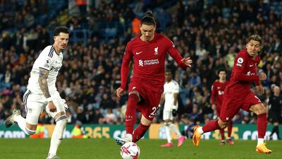 Darwin Nunez of Liverpool controls the ball before scoring the sixth goal . EPA