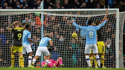 Manchester City's Sergio Aguero scores against Southampton. Reuters