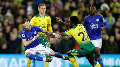 Leicester's James Maddison is fouled by Alexander Tettey of Norwich. Reuters