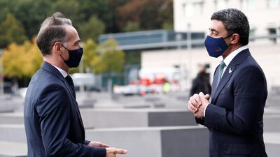 Sheikh Abdullah bin Zayed talks with with German Foreign Minister Heiko Maas as he and his Israeli counterpart Gabi Ashkenazi visit the Holocaust memorial together prior to their historic meeting in Berlin, Germany. Reuters