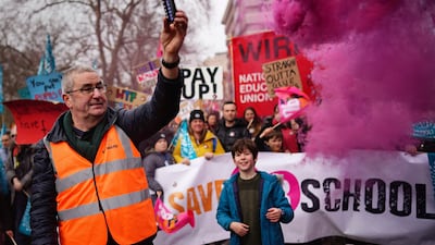 National Education Union members pictured on Park Lane as they march to Trafalgar Square. AP