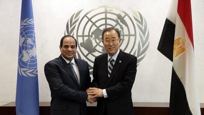 Abdel Fattah El Sisi, president of Egypt (L) shakes hands with United Nations Secretary-General Ban Ki-moon (R) during a meeting at the 69th session of the United Nations General Assembly at United Nations headquarters in New York, New York. EPA